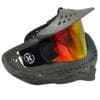 Paintball mask with tinted visor and logo.