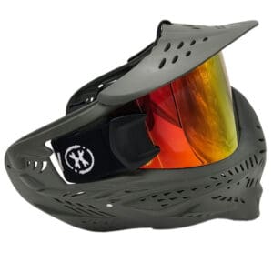 Paintball mask with tinted visor and logo.