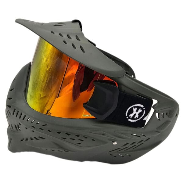 Grey paintball mask with tinted visor.