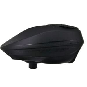 Black paintball hopper on white background.