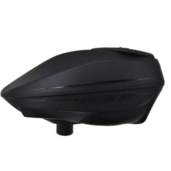 Black paintball hopper on white background.