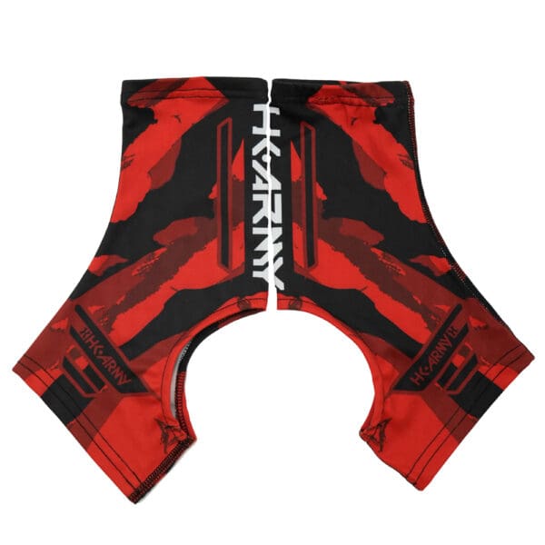Red and black HK Army paintball shorts.