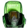 Paintball mask in open green backpack.
