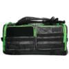 Black and green duffel bag with pockets.