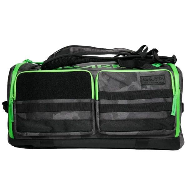 Black and green duffel bag with pockets.