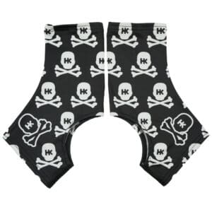 Black sleeves with skull and crossbones pattern.