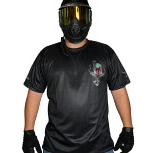 Person wearing mask and black sports jersey.