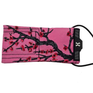 Pink face mask with cherry blossom design.