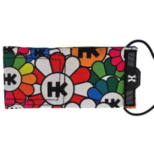 Colorful floral-patterned wallet with black strap.