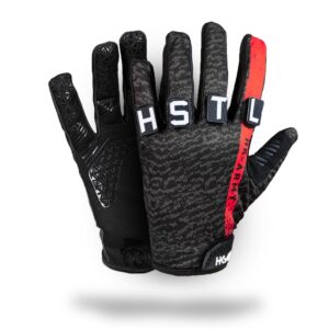 HK Army Freeline Knuckles paintball glove in Boost, red and black, with HSTL letter patches