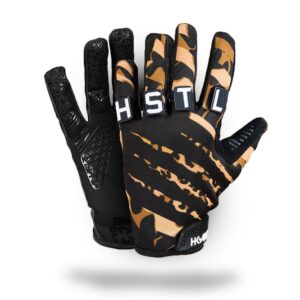 HK Army Freeline Knuckles paintball glove in Leopard King, black and tan, with HSTL letter patches