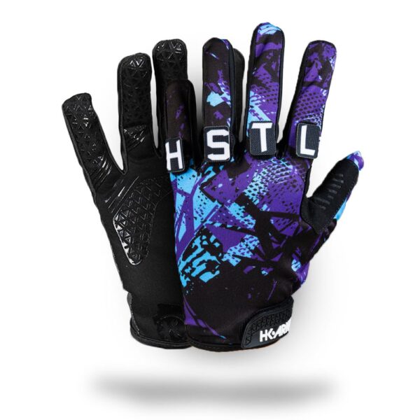 HK Army Freeline Knuckles paintball glove in Poison, purple print, with HSTL letter patches