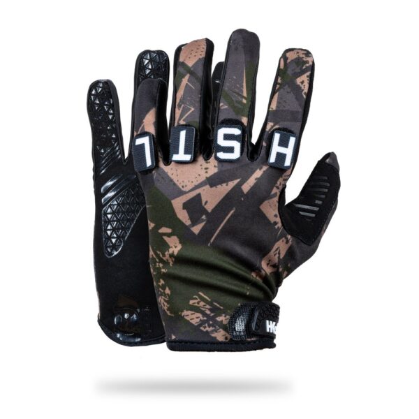 HK Army Freeline Knuckles paintball glove in Sandstorm, desert camo print, with HSTL letter patches