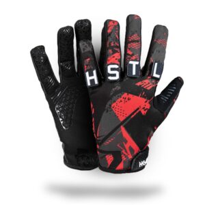 HK Army Freeline Knuckles paintball glove in Scorch, red print, with HSTL letter patches