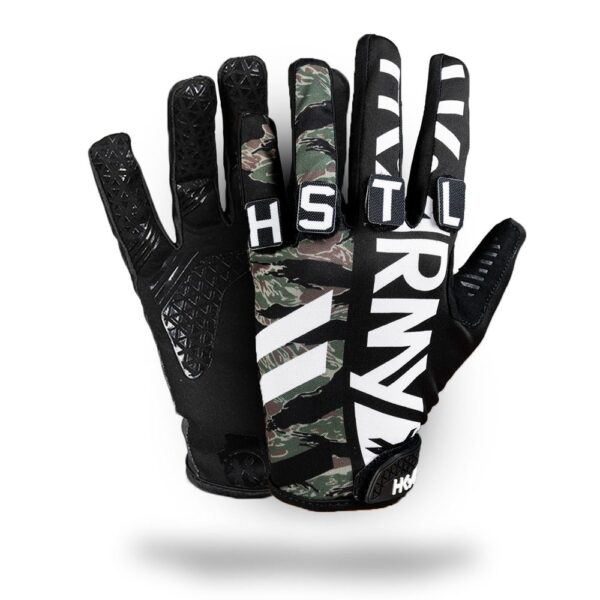 HK Army Freeline Knuckles paintball glove in Tigerstripe camo, with HSTL letter patches