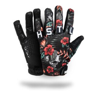 HK Army Freeline Knuckles paintball glove in Tropical Skull, floral skull print, with HSTL letter patches