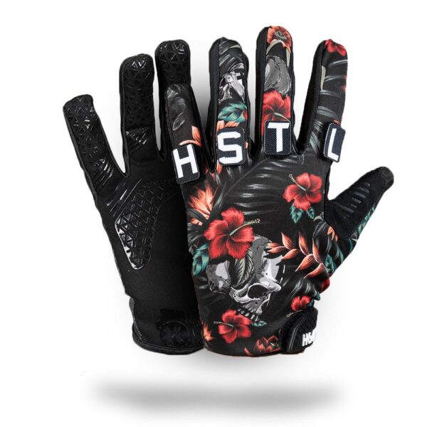 HK Army Freeline Knuckles paintball glove in Tropical Skull, floral skull print, with HSTL letter patches
