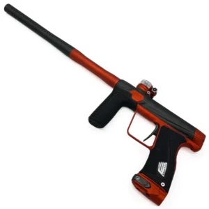 Red and black paintball gun on white.