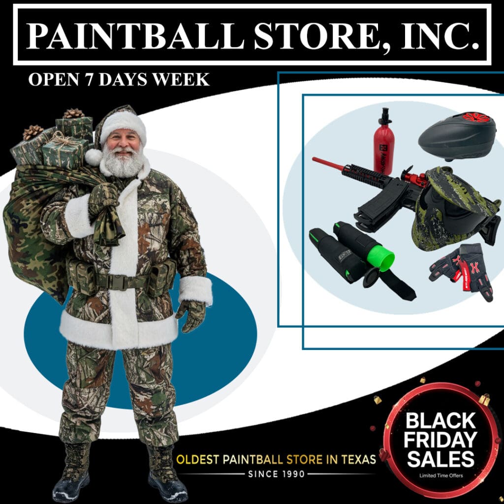 Santa in camouflage with paintball gear.