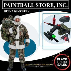 Santa in camouflage with paintball gear.