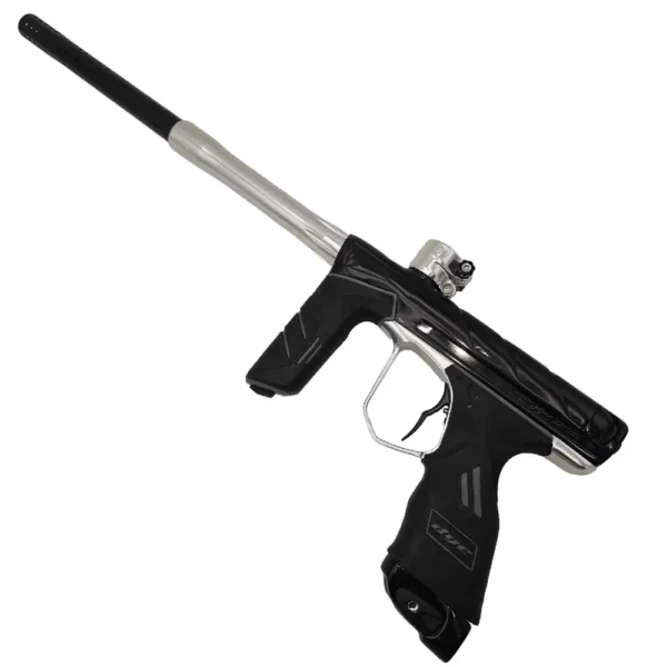 Black and silver paintball gun on white.