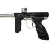 Black and silver paintball gun side view.
