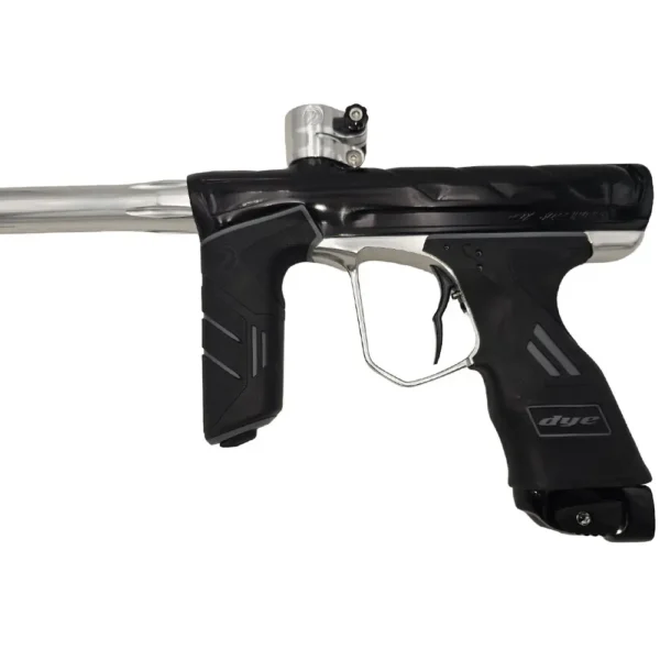 Black and silver paintball gun side view.