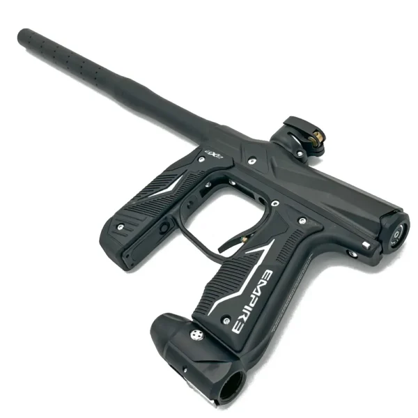 Black paintball gun on white background.