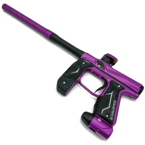 Purple and black paintball gun on display.
