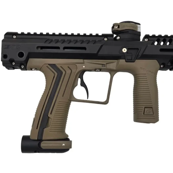 Tactical paintball marker with black and tan.