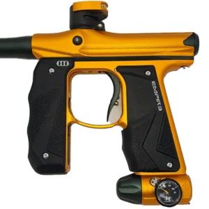Gold and black paintball marker gun.