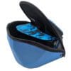 Blue helmet bag with zipper, partially open.