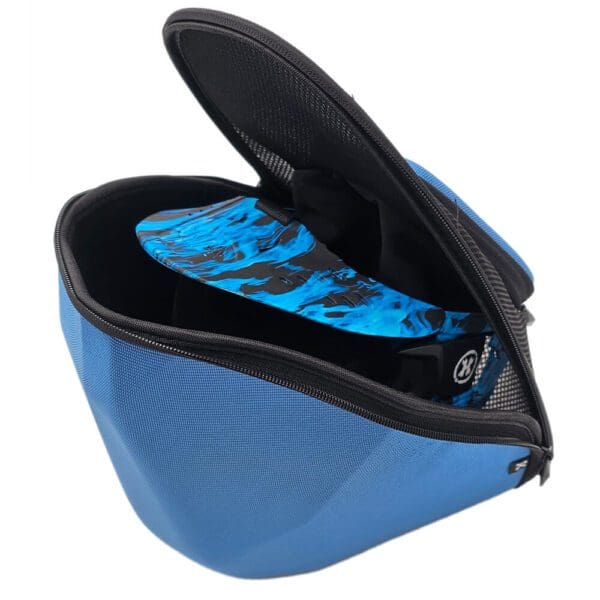 Blue helmet bag with zipper, partially open.