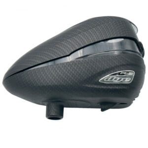 Carbon fiber paintball hopper with logo.