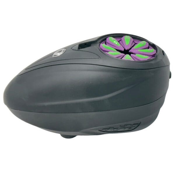 Black helmet with purple and green vent.