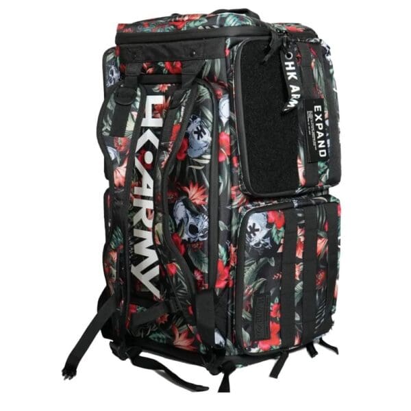 Floral backpack with "HK Army" logo design.