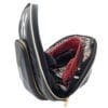 Open travel case with organized interior compartments.
