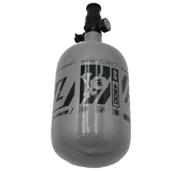 Paintball air tank with valve and gauge.