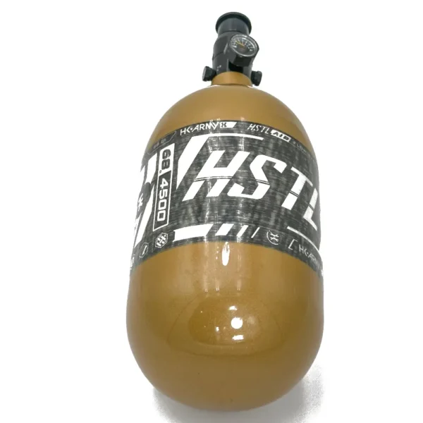 Compressed air tank with pressure gauge.