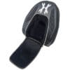 Black motorcycle helmet with open visor.
