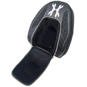Black motorcycle helmet with open visor.