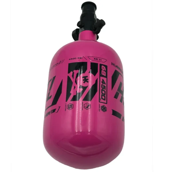 Pink paintball air tank with black markings.