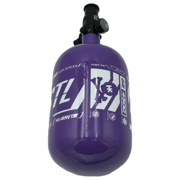 Purple paintball air tank with graphics.