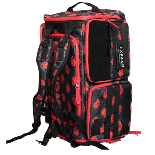Black and red backpack with floral pattern.