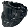 Paintball mask with black visor and strap.