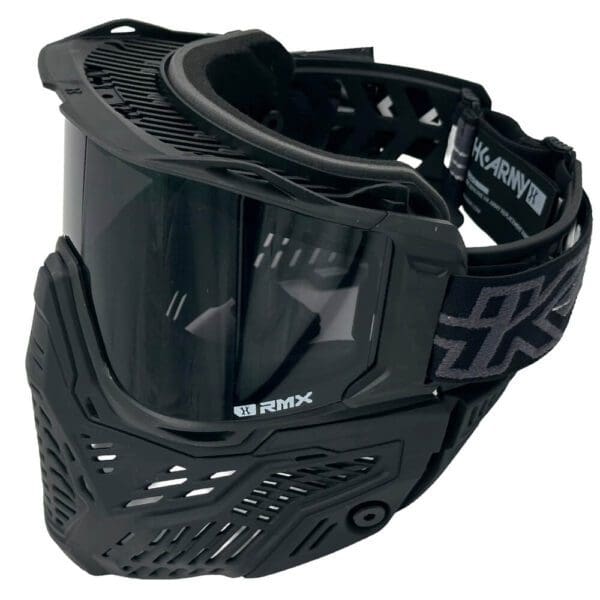 Paintball mask with black visor and strap.