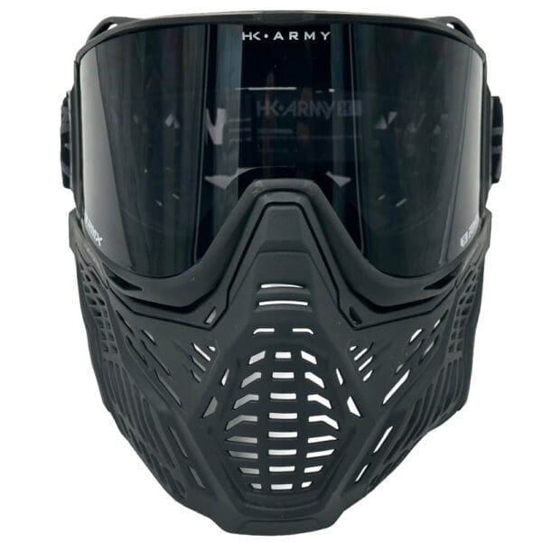 Black tactical paintball mask with tinted visor.