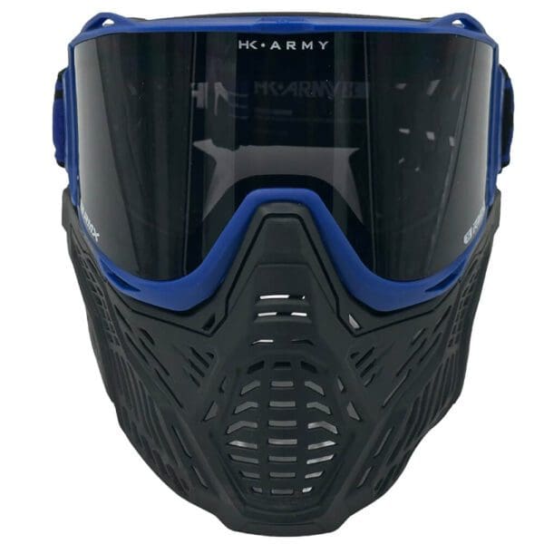 Paintball mask with blue and black design.