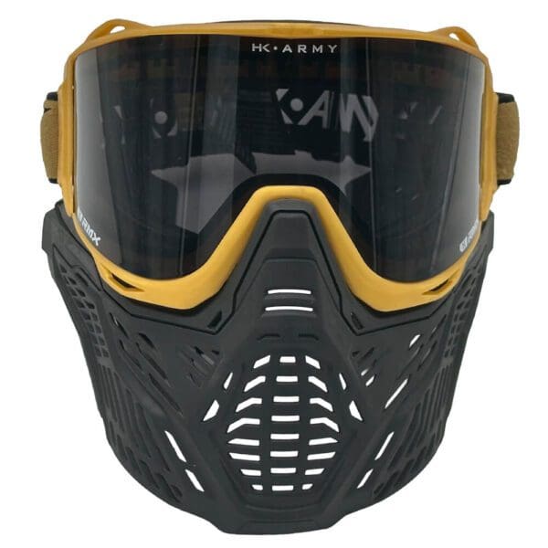 Paintball mask with yellow and black design.