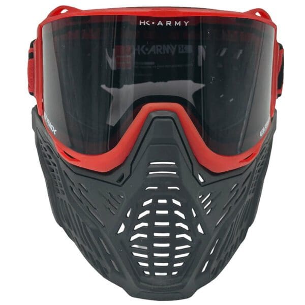 Red and black paintball mask front view.